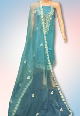 American Silk Suit Material with Organza Dupatta (Blue Color)