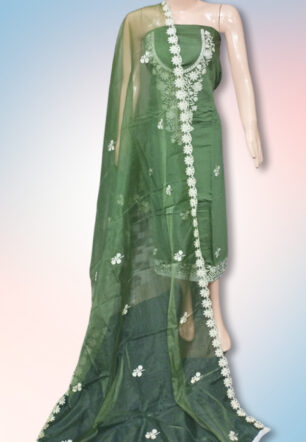 American Silk Suit Material with Organza Dupatta (Green Color)